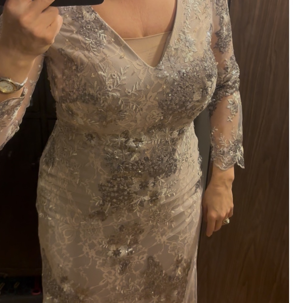 Mac Duggal Lace Embellished Maxi Dress in Cream and Silver
